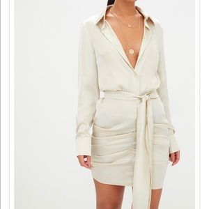 Champagne satin ruched shirt dress